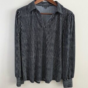 Adrianna Papell Black White Striped Blouse Puff Sleeve L